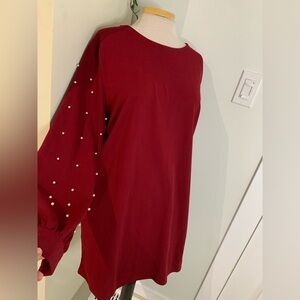 Red Long Sleeve Dress with Pearl Accents 2X